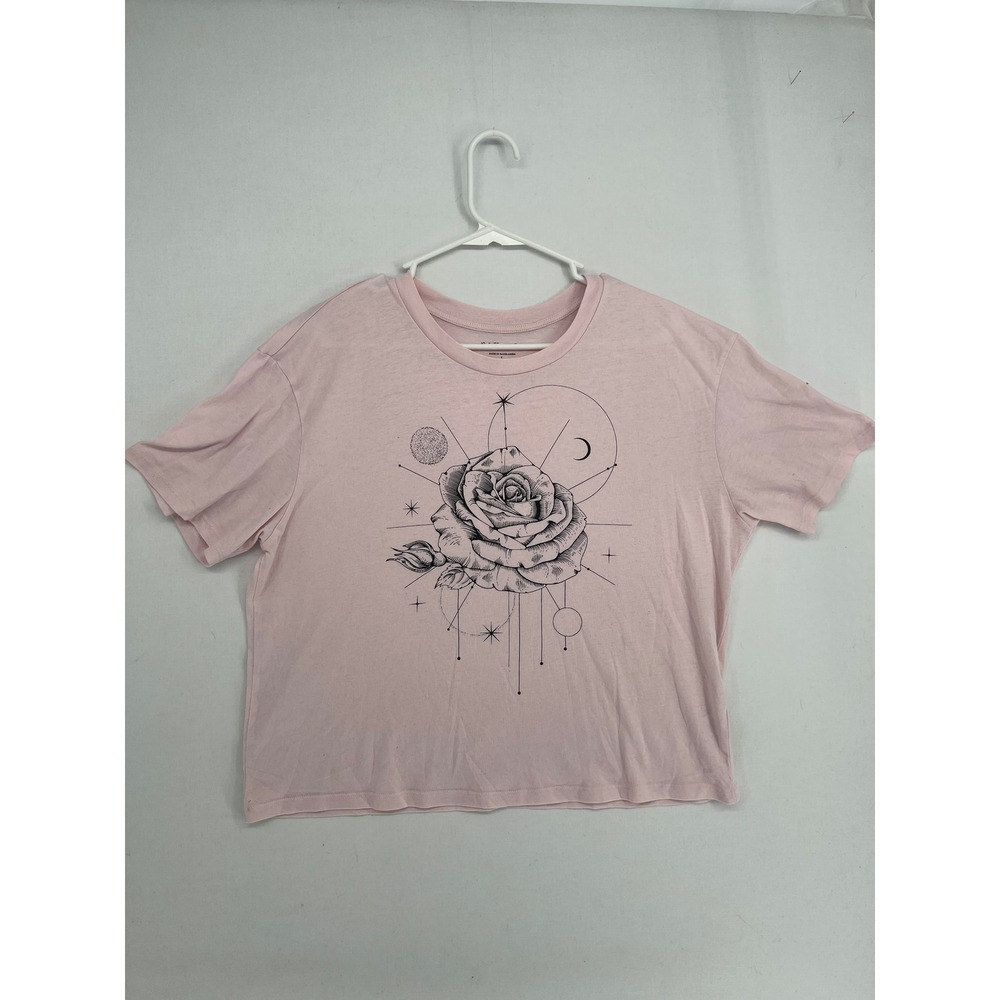 Rebellious One Pink Celestial Rose Graphic Tee Shirt Large L Short Sleeve Boxy